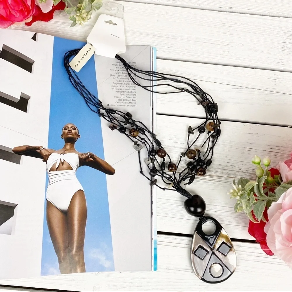 Bohemian Boho Black Wood Shell Statement Necklace